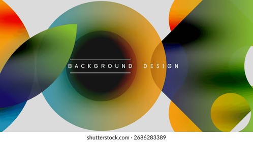 Círculos coloridos abstratos se sobrepõem. Mistura de matizes de gradiente, criando efeito visual dinâmico. Elemento de design moderno para fundos.