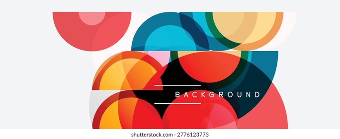 Abstract colorful circles overlap. Modern design elements create dynamic background. Simple shapes, vibrant hues, clean aesthetic.