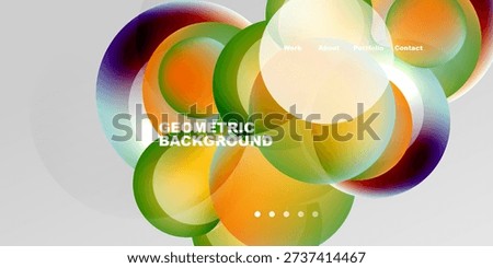 Abstract colorful circles overlap. Text includes geometric background, plus navigation options work, about, portfolio, contact. Simple design.