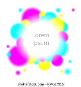 Abstract colorful circles transparency background. Cyan, magenta and yellow colors. CMYK vector card template