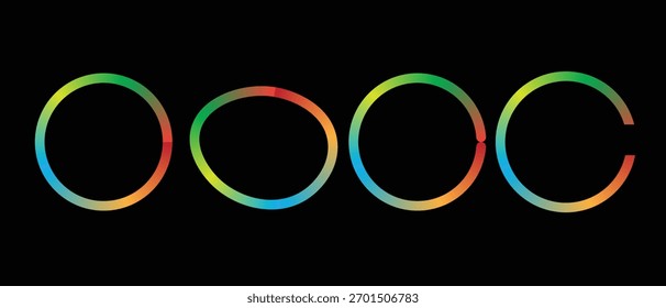Abstractas líneas de degradado circular de colores sobre fondo negro. Diseño moderno de bucles y anillos para arte digital, movimiento y conceptos tecnológicos.