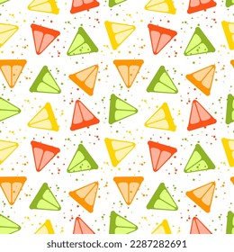Abstract colorful citrus slices and splashes seamless pattern. Juicy summer background. Kids funny cute texture for cover, menu, banner, fabric, wrapping paper, party design. Vector illustration.