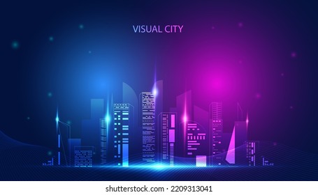 Abstract colorful city concept visual city hologram online city simulation metaever on background blue pink modern