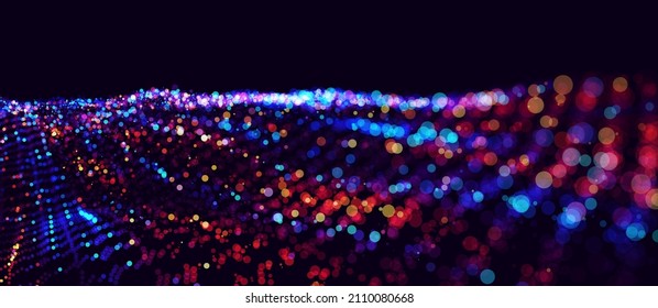 Abstract Colorful City Lights Bokeh Effect. Science Fiction Background of Glowing Particles with Depth of Field and Bokeh Effect. Particles Surface Grid. Microcosm or Space. Vector Illustration.