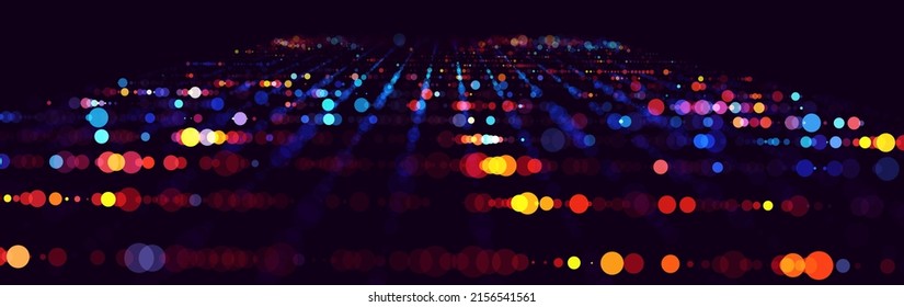 Abstract Colorful City Lights Bokeh Effect. Glowing Particles Science Fiction Background. Bokeh Effect. Technology Particles Surface Grid. Vector Illustration.