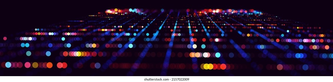 Resumen De Coloridas Luces De La Ciudad Efecto Bokeh. Partículas brillantes Ciencia Ficción Fondo. Efecto Bokeh. Cuadrícula de superficie de partículas de tecnología. Ilustración vectorial.