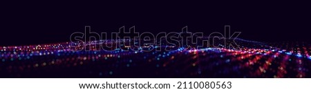 Abstract Colorful City Lights Bokeh Effect. Science Fiction Background of Glowing Particles with Depth of Field and Bokeh Effect. Particles Surface Grid. Microcosm or Space. Vector Illustration.