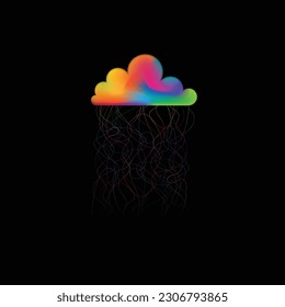Abstract colorful cloud with different colors  and waving rain lines isolated on black background