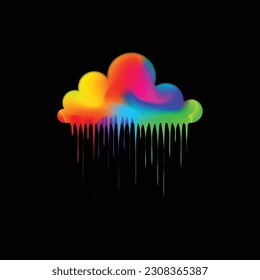 Abstract colorful cloud with different colors  and waving rain lines isolated on black background