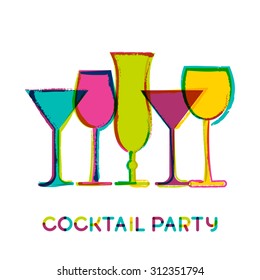 Abstract colorful cocktail glasses, vector watercolor background. Concept for bar menu, party, alcohol drinks, wine list. Creative trendy design for  flyer, brochure, poster, banner.