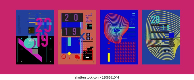 Abstract Colorful Collage 2019 New Poster Design Template Collection. Cool Geometric and Retro Background Cover Design.