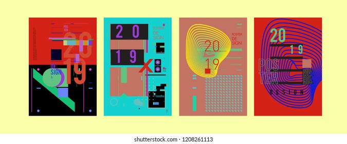 Abstract Colorful Collage 2019 New Poster Design Template Collection. Cool Geometric and Retro Background Cover Design.