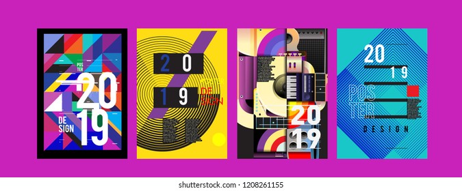 Abstract Colorful Collage 2019 New Poster Design Template Collection. Cool Geometric and Retro Background Cover Design.