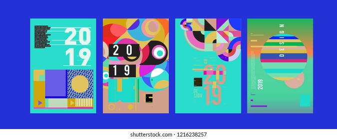Abstract Colorful Collage 2019 New Poster Design Template Collection. Cool Geometric and Retro Background Cover Design.