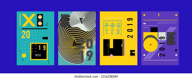 Abstract Colorful Collage 2019 New Poster Design Template Collection. Cool Geometric and Retro Background Cover Design.