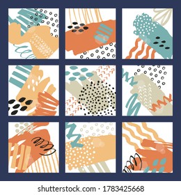 Abstract colorful collage background set. Hand drawn template for card, flyer, social media post and invitation design. Vector illustration. Brush textures, scribbles, collage elements.