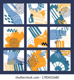Abstract colorful collage background set. Hand drawn contemporary template for card, flyer, social media post and invitation design. Vector illustration. Brush textures, scribbles, collage elements.