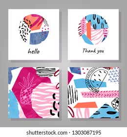 Abstract colorful collage backgrounds set. Hand drawn templates for card, flyer and invitation design. Vector illustration.