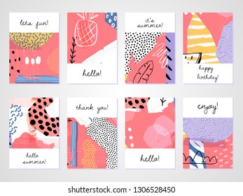 Abstract colorful collage backgrounds set. Hand drawn templates for card, flyer and invitation design. Vector illustration.