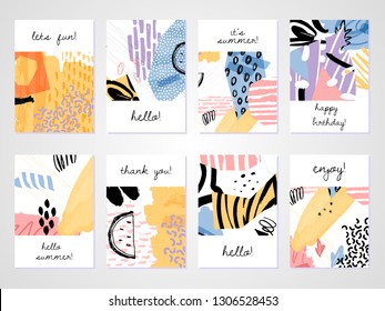 Abstract colorful collage backgrounds set. Hand drawn templates for card, flyer and invitation design. Vector illustration.