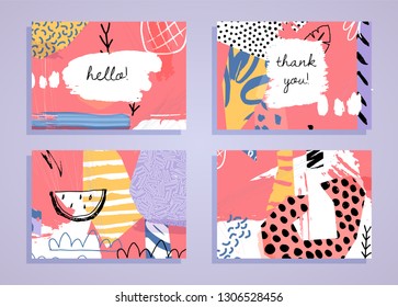 Abstract colorful collage backgrounds set. Hand drawn templates for card, flyer and invitation design. Vector illustration.