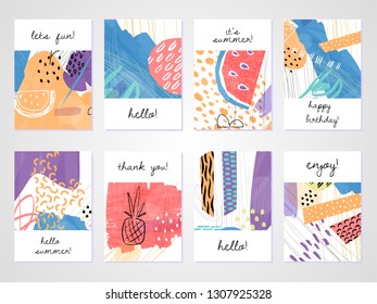 Abstract colorful collage backgrounds set. Hand drawn templates for card, flyer and invitation design. Vector illustration.