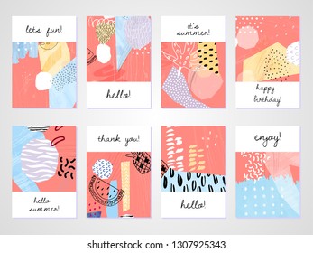 Abstract colorful collage backgrounds set. Hand drawn templates for card, flyer and invitation design. Vector illustration.