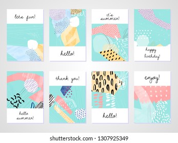 Abstract colorful collage backgrounds set. Hand drawn templates for card, flyer and invitation design. Vector illustration.