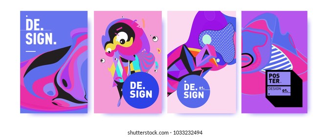 Abstract colorful collage poster design template. Cool geometric and fluid cover design. Blue, yellow, red, orange, pink and green. Vector banner poster template in Eps10.