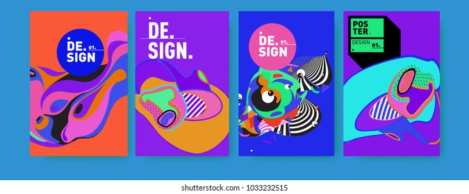 Abstract colorful collage poster design template. Cool geometric and fluid cover design. Blue, yellow, red, orange, pink and green. Vector banner poster template in Eps10.