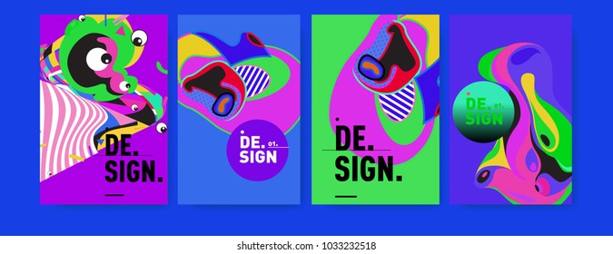 Abstract colorful collage poster design template. Cool geometric and fluid cover design. Blue, yellow, red, orange, pink and green. Vector banner poster template in Eps10.