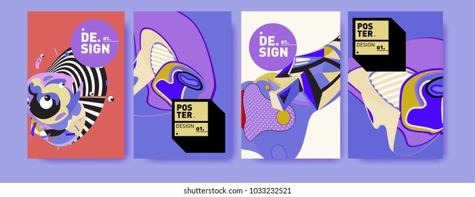 Abstract colorful collage poster design template. Cool geometric and fluid cover design. Blue, yellow, red, orange, pink and green. Vector banner poster template in Eps10.