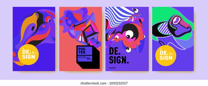 Abstract colorful collage poster design template. Cool geometric and fluid cover design. Blue, yellow, red, orange, pink and green. Vector banner poster template in Eps10.
