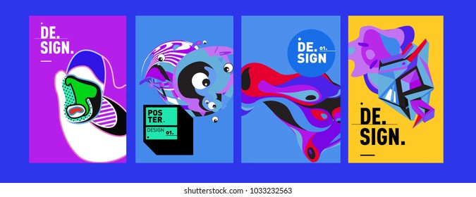 Abstract colorful collage poster design template. Cool geometric and fluid cover design. Blue, yellow, red, orange, pink and green. Vector banner poster template in Eps10.