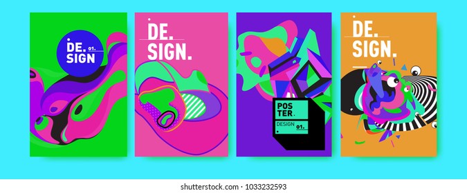 Abstract colorful collage poster design template. Cool geometric and fluid cover design. Blue, yellow, red, orange, pink and green. Vector banner poster template in Eps10.