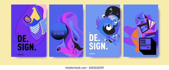 Abstract colorful collage poster design template. Cool geometric and fluid cover design. Blue, yellow, red, orange, pink and green. Vector banner poster template in Eps10.
