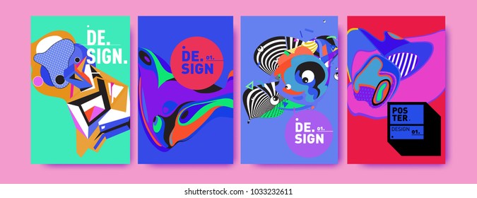 Abstract colorful collage poster design template. Cool geometric and fluid cover design. Blue, yellow, red, orange, pink and green. Vector banner poster template in Eps10.