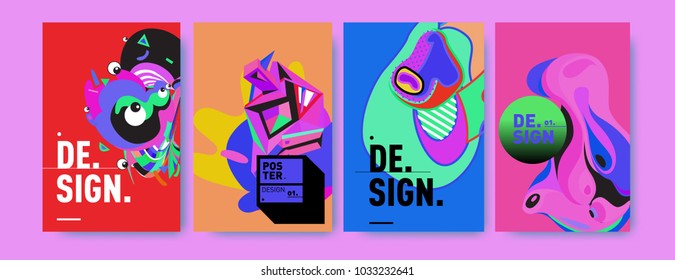 Abstract colorful collage poster design template. Cool geometric and fluid cover design. Blue, yellow, red, orange, pink and green. Vector banner poster template in Eps10.