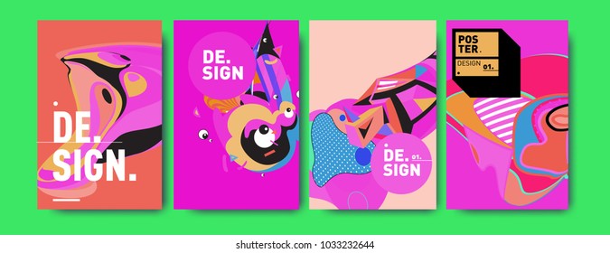 Abstract colorful collage poster design template. Cool geometric and fluid cover design. Blue, yellow, red, orange, pink and green. Vector banner poster template in Eps10.
