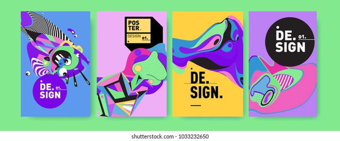 Abstract colorful collage poster design template. Cool geometric and fluid cover design. Blue, yellow, red, orange, pink and green. Vector banner poster template in Eps10.