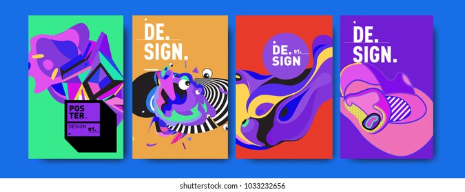 Abstract colorful collage poster design template. Cool geometric and fluid cover design. Blue, yellow, red, orange, pink and green. Vector banner poster template in Eps10.