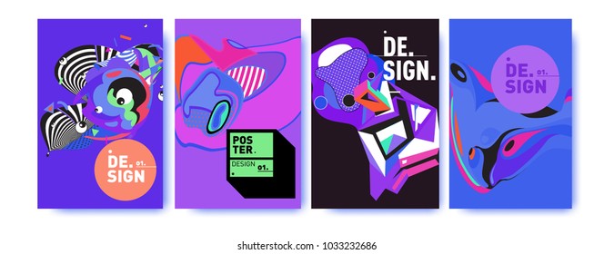 Abstract colorful collage poster design template. Cool geometric and fluid cover design. Blue, yellow, red, orange, pink and green. Vector banner poster template in Eps10.