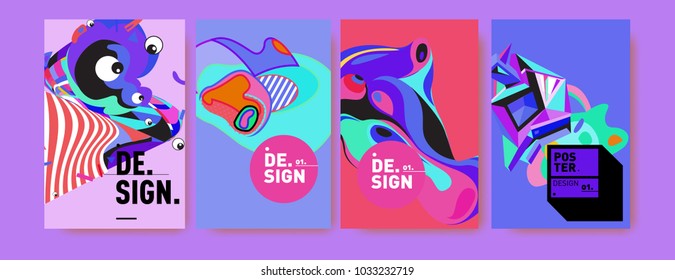 Abstract colorful collage poster design template. Cool geometric and fluid cover design. Blue, yellow, red, orange, pink and green. Vector banner poster template in Eps10.