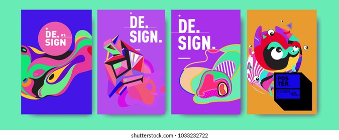 Abstract colorful collage poster design template. Cool geometric and fluid cover design. Blue, yellow, red, orange, pink and green. Vector banner poster template in Eps10.