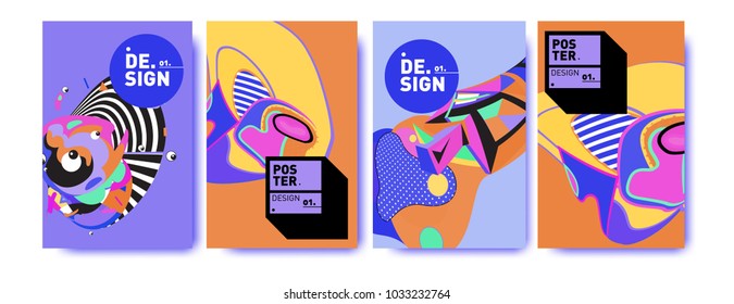 Abstract colorful collage poster design template. Cool geometric and fluid cover design. Blue, yellow, red, orange, pink and green. Vector banner poster template in Eps10.
