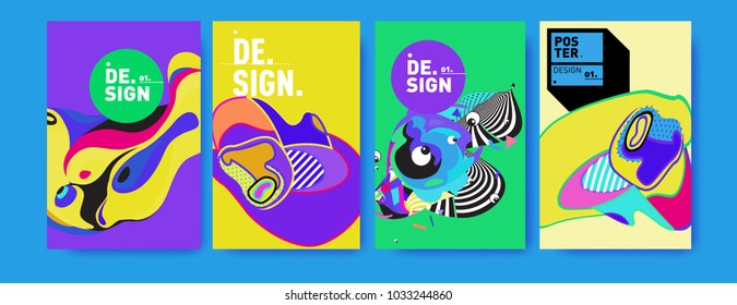 Abstract colorful collage poster design template. Cool geometric and fluid cover design. Blue, yellow, red, orange, pink and green. Vector banner poster template in Eps10.