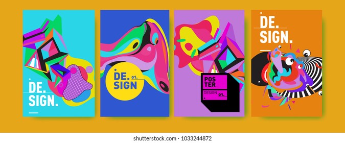 Abstract colorful collage poster design template. Cool geometric and fluid cover design. Blue, yellow, red, orange, pink and green. Vector banner poster template in Eps10.