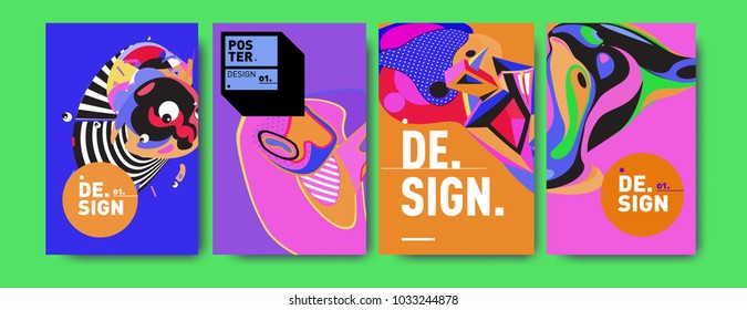 Abstract colorful collage poster design template. Cool geometric and fluid cover design. Blue, yellow, red, orange, pink and green. Vector banner poster template in Eps10.