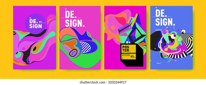 Abstract colorful collage poster design template. Cool geometric and fluid cover design. Blue, yellow, red, orange, pink and green. Vector banner poster template in Eps10.