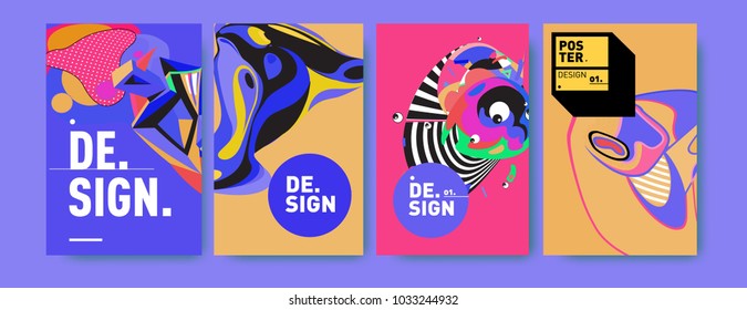 Abstract colorful collage poster design template. Cool geometric and fluid cover design. Blue, yellow, red, orange, pink and green. Vector banner poster template in Eps10.